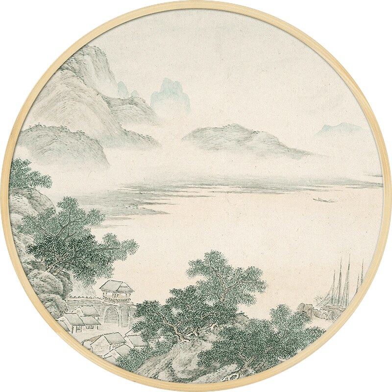 圆形山水挂画遮挡箱装饰画电表国画玄关中式背景墙客厅新中式定做