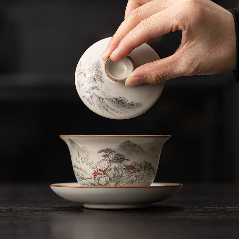 三才盖碗汝窑茶具敬茶碗陶瓷茶杯泡茶碗功夫茶泡茶器手抓壶礼盒装