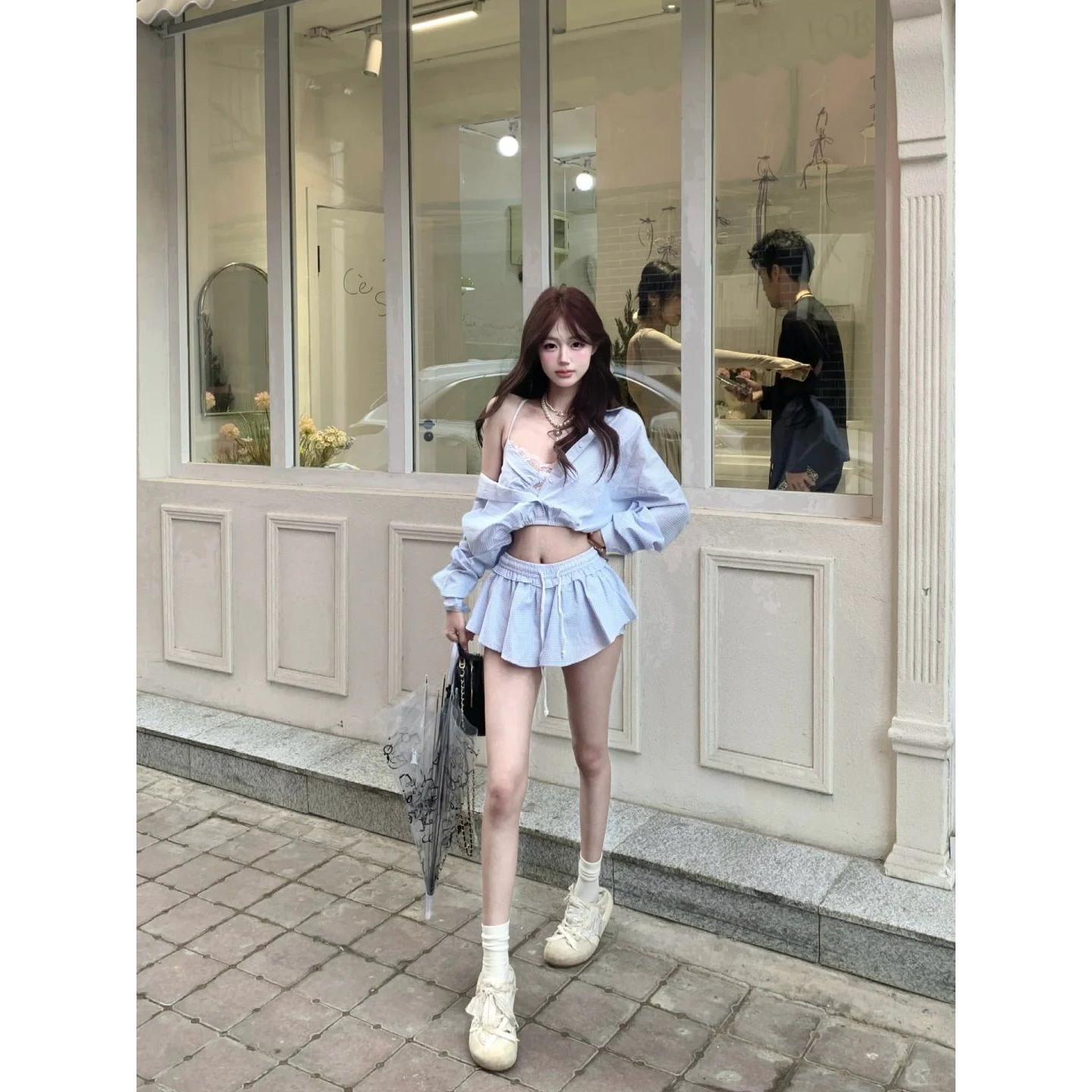 性感辣妹套装女装夏季蓝色格子衬衫外套蕾丝吊带上衣半身百褶短裙
