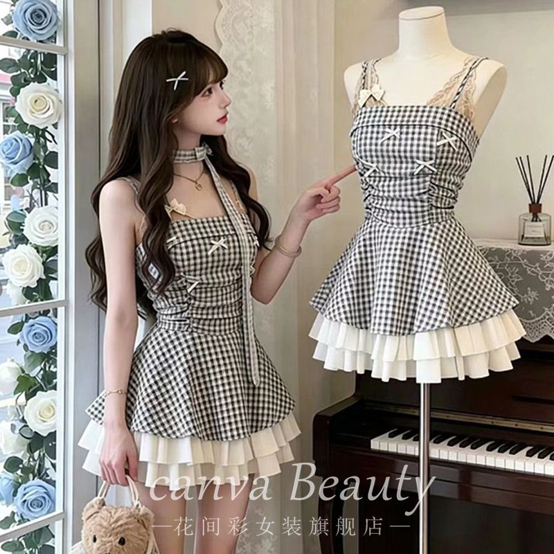 蓝色甜美风性感蝴蝶结小裙子吊带连衣裙女夏季裙子格纹蓬蓬裙短裙