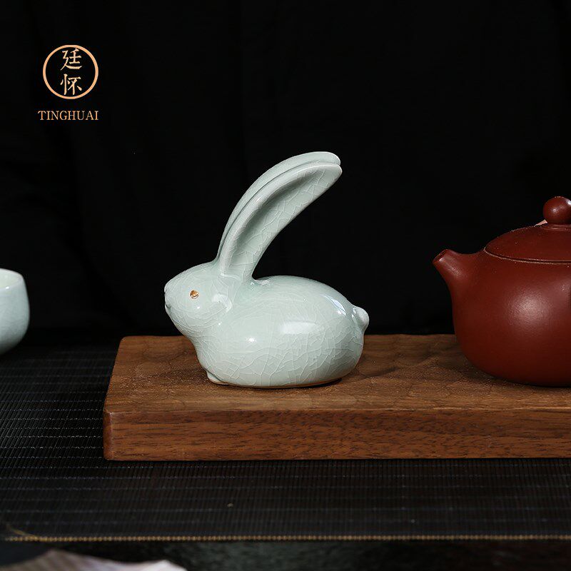 廷怀窑汝窑兔子茶艺茶桌上的茶宠摆件精品可养创意汝瓷茶具小摆件