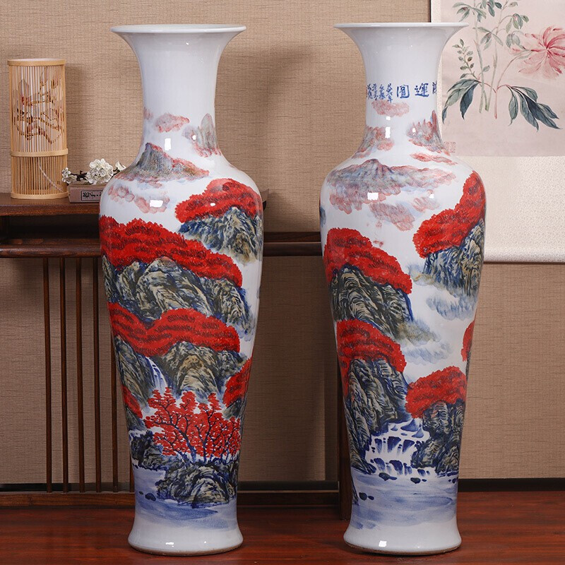 景德镇手绘陶瓷釉里红山水落地大花瓶客厅家居新房装饰品开业摆件