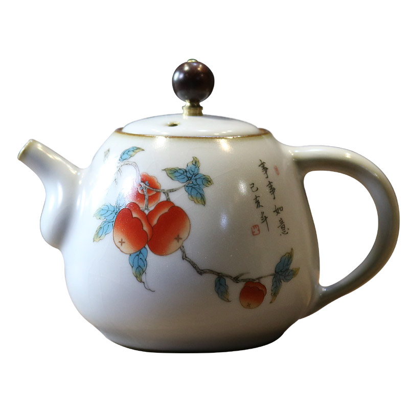 月白汝窑正把壶复古花鸟茶壶可养开片猫咪仿古陶瓷家用功夫茶具