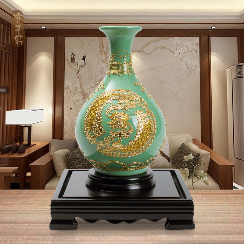 年年有余玉壶春淡绿瓶 金箔漆线雕工艺品摆件创意博古架装饰品