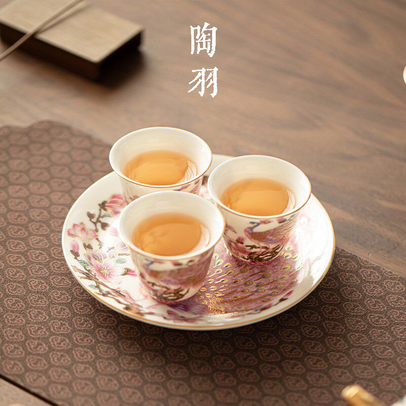 羊脂玉掐丝银孔雀一壶四杯功夫茶具套装家用陶瓷泡茶壶茶杯礼盒装