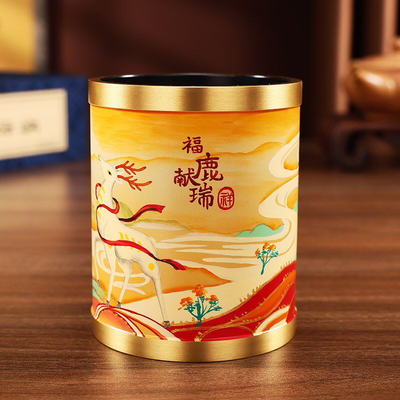 黄铜笔筒摆件中国风山水画办公室桌面装饰品创意教师节礼品