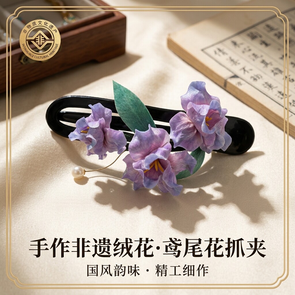 非遗绒花鸢尾花抓夹国风发饰