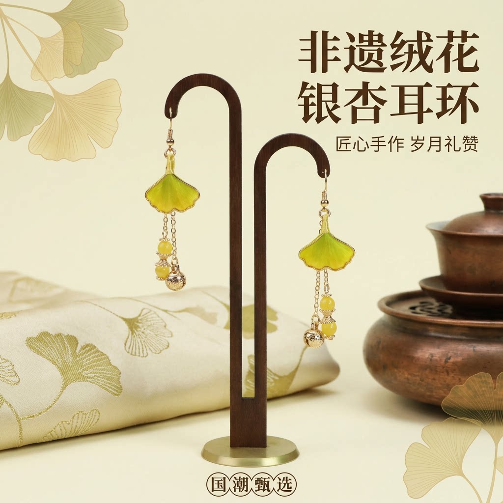 新中式非遗绒花银杏叶手工耳环