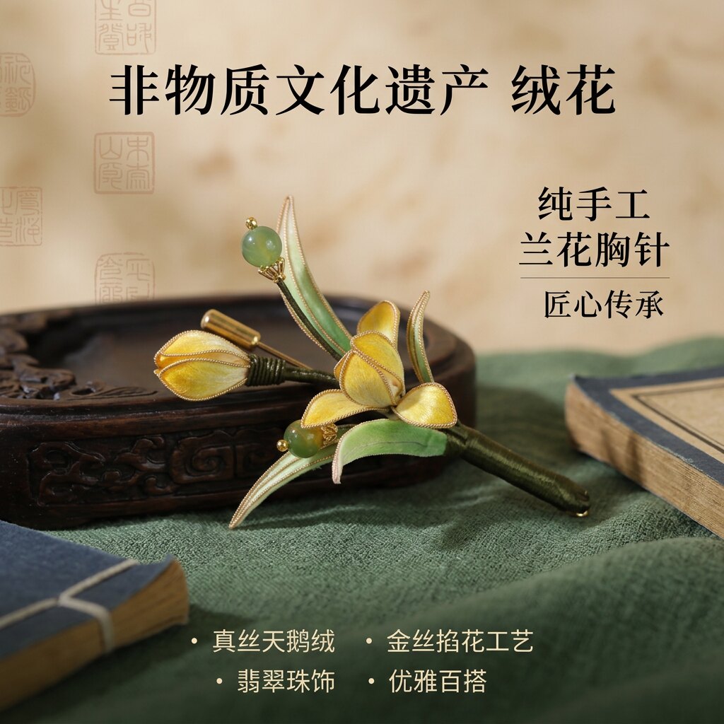 非遗手工兰花胸针桑蚕丝绒花