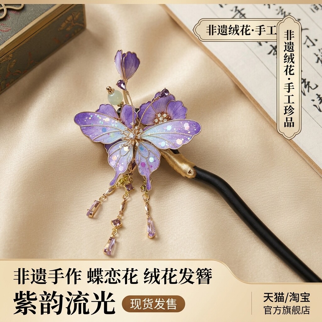 非遗手工桑蚕丝蝴蝶流苏发簪