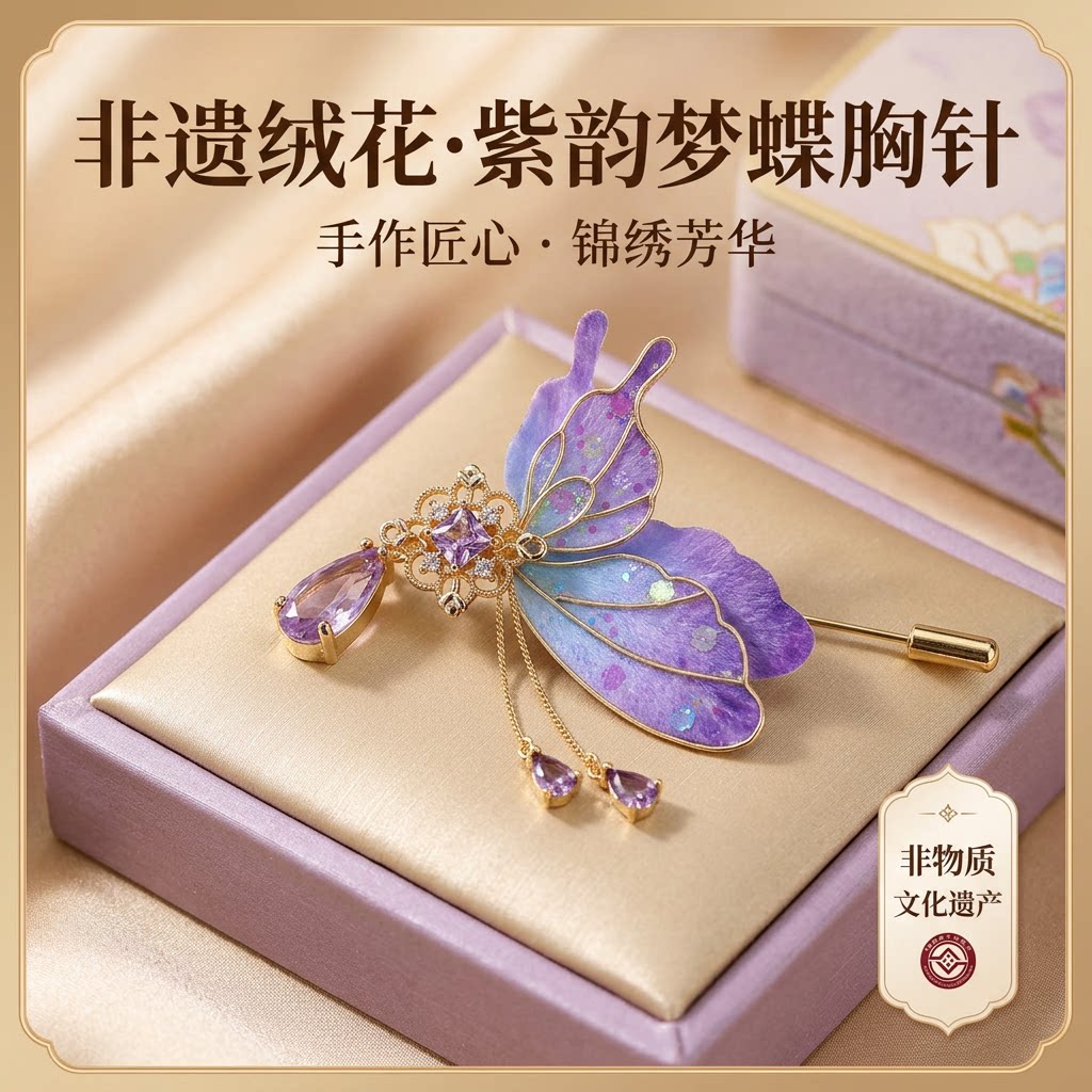 非遗绒花桑蚕丝国风蝶胸针送礼