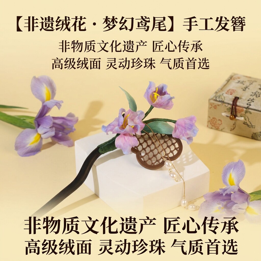 非遗绒花鸢尾手工发簪汉服配饰