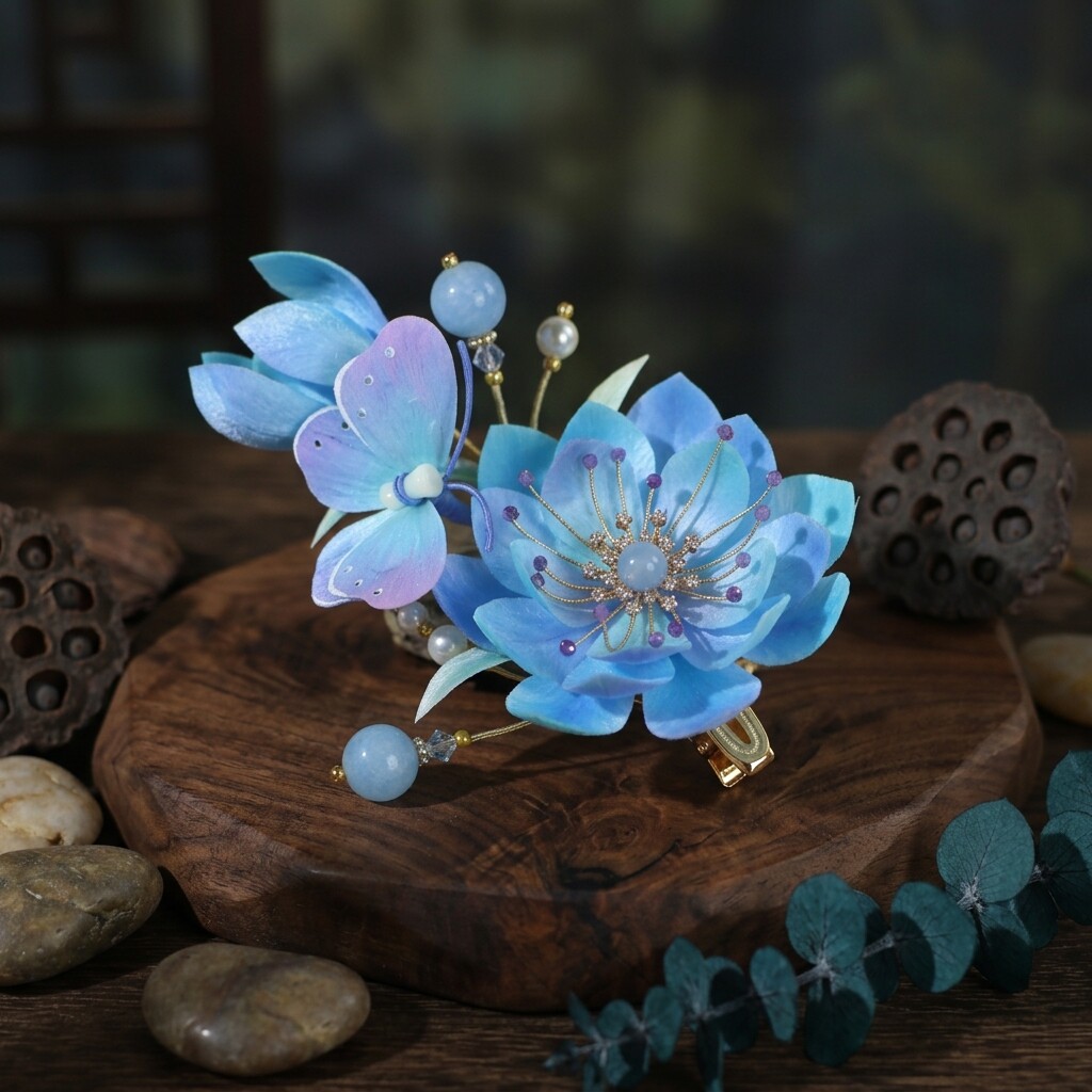 非遗绒花蓝莲花发夹新中式