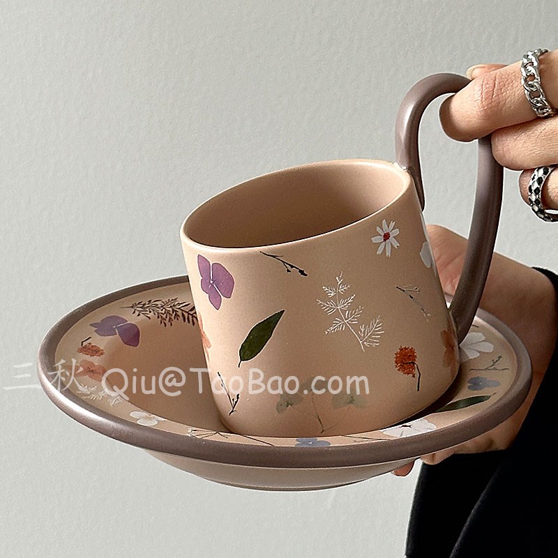 三秋Sanq复古在野芳踪高柄咖啡杯碟中古风下午茶杯拿铁杯小众礼物