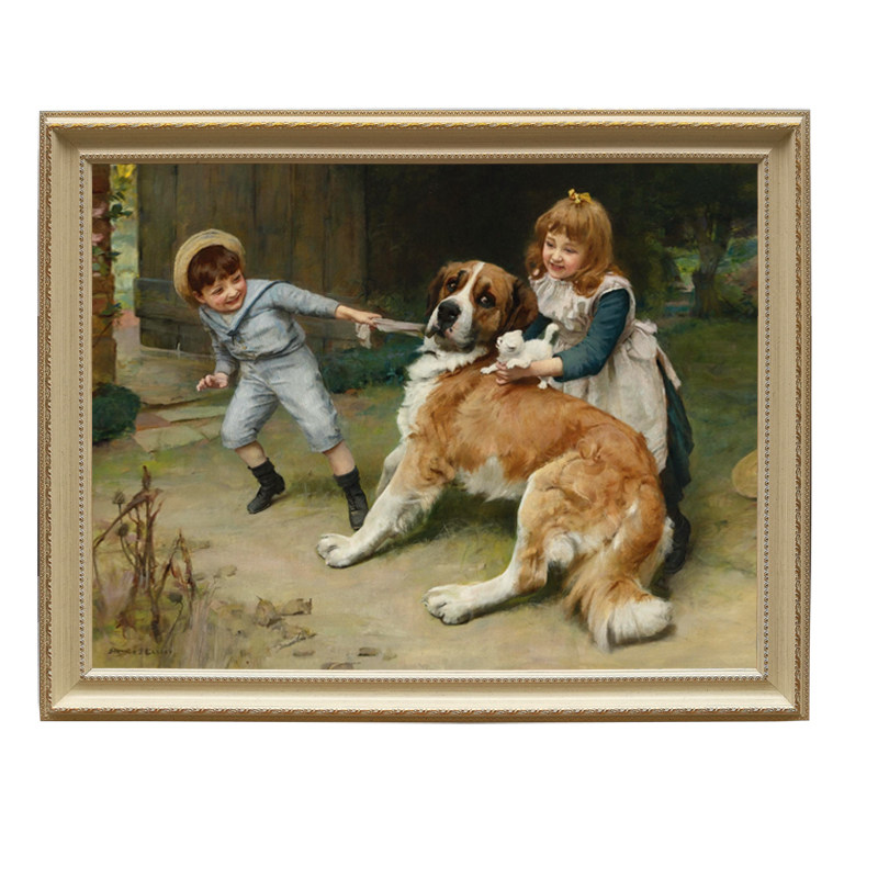 可爱小孩幼儿园挂画喷绘油画古典人物油画世界名画有框画宠物油画
