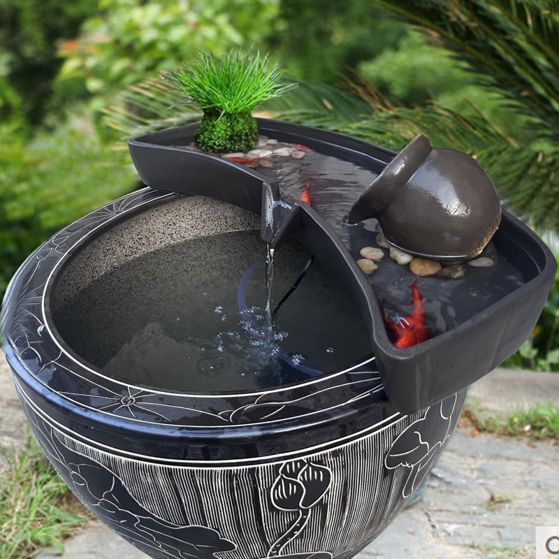陶瓷圆形鱼缸过滤器循环系统流水器搭配茶台养鱼盆庭院鱼池造景配