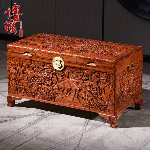 香樟木箱子婚嫁箱结婚手工精雕衣箱实木字画箱嫁妆箱收藏收纳盒