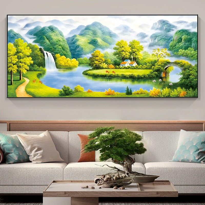 流水生财聚宝盆十字绣2024新款线绣客厅宝地大幅满绣山水画风景图