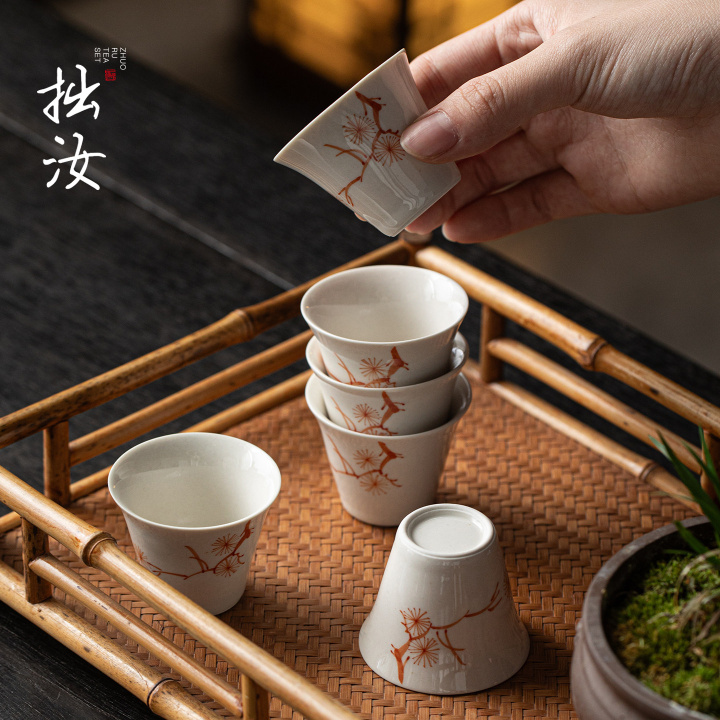 拙汝草木灰手绘帆红松风白瓷茶杯陶瓷中式茶具品茗杯小清新风单杯