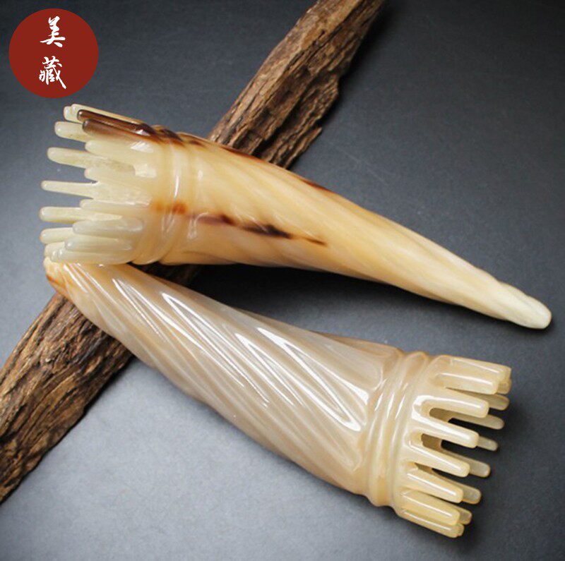 精品纯天然西藏白水牛角洗头梳圆桶形硬理发店手工雕花长发洗头刷