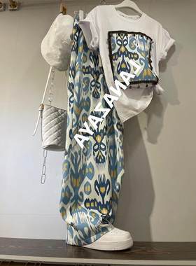 大码300斤民族风印花短袖t恤男女夏满印直筒阔腿裤套装宽松一套2
