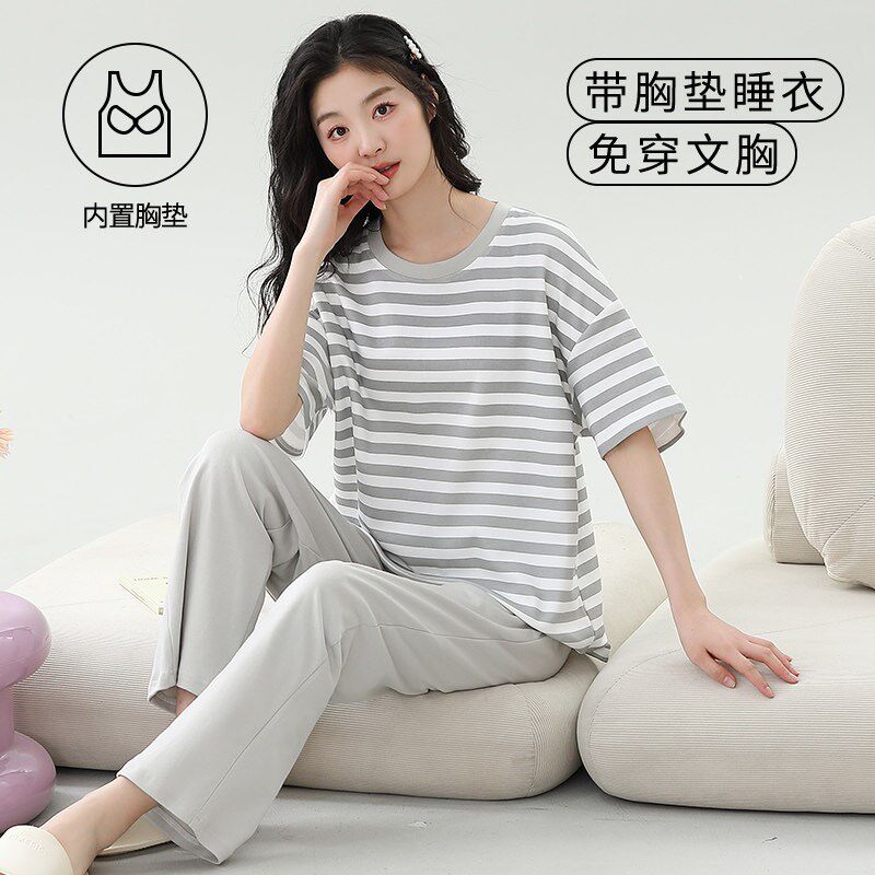 夏季自带胸垫一体短袖睡衣套装女睡衣/家居服套装