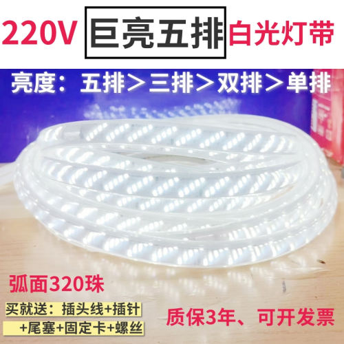 白色灯带220V贴片2835弧面320珠巨亮五排白光LED灯带220V吊顶灯条