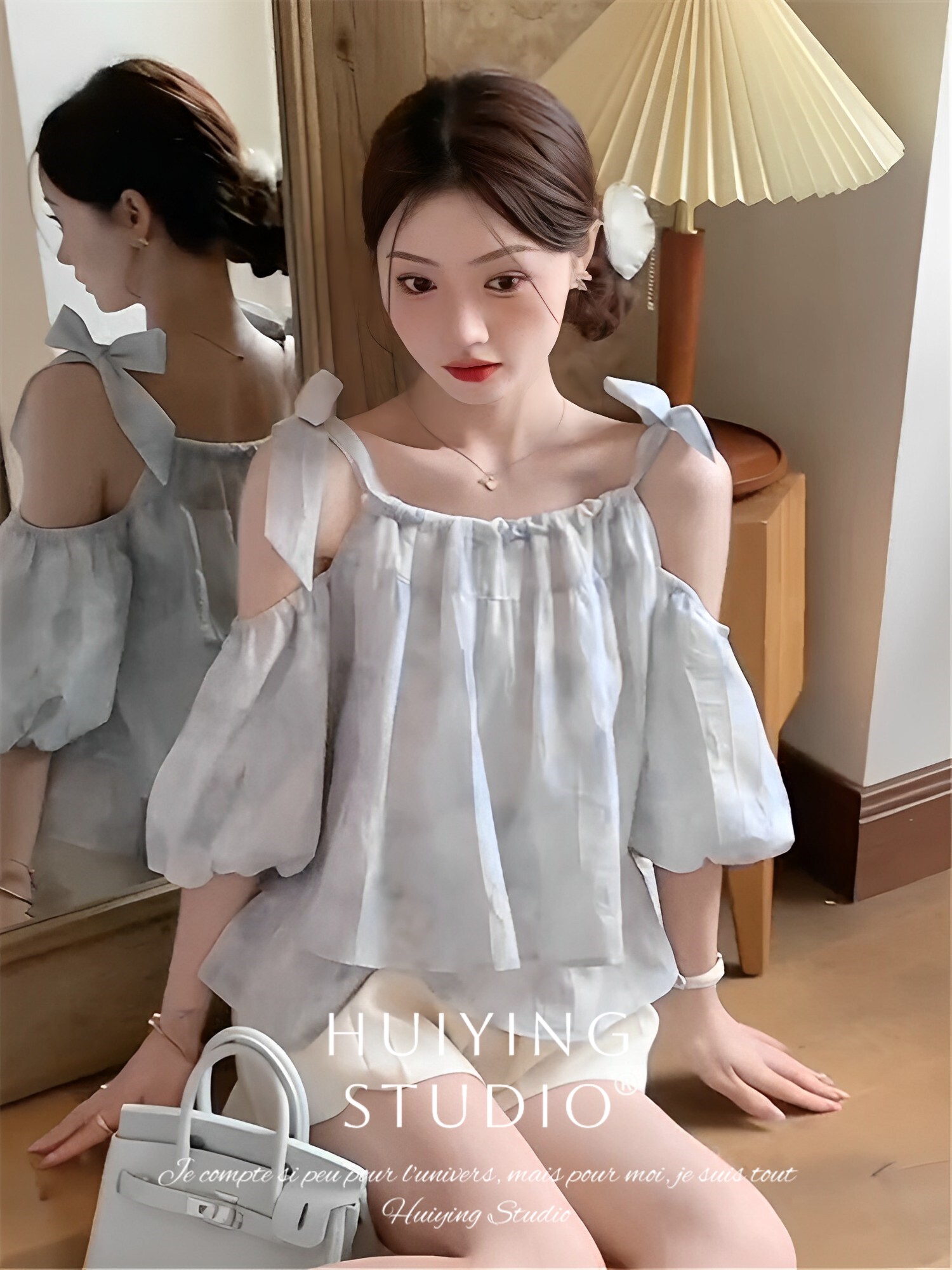 法式甜美小清新吊带一字肩上衣女夏季新款扎染雪纺小衫设计感小众