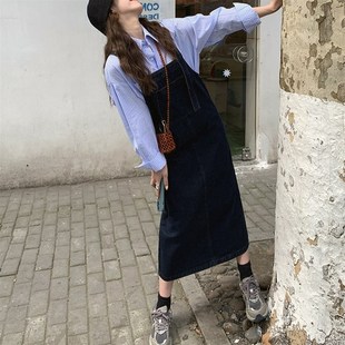 减龄学生长款女2025宽松连衣裙子秋季新款韩版牛仔吊带背带裙甜美