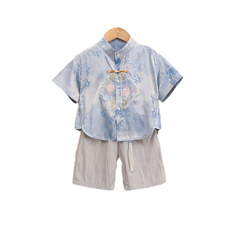 男童汉服古风20i24夏季新小少爷套装绸缎短袖唐装上衣中裤两件套图片