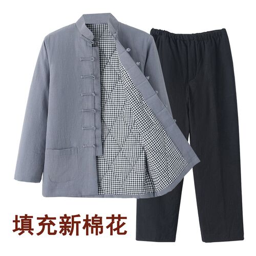 冬季唐装男棉花棉袄棉裤套装复古中式亚棉麻棉衣中国风保暖禅茶服