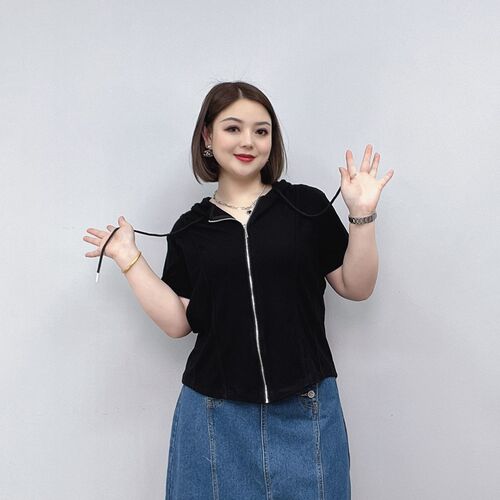 大码女2023夏季新款遮肚子显瘦短袖t恤胖mm小众别致正肩拉链上衣