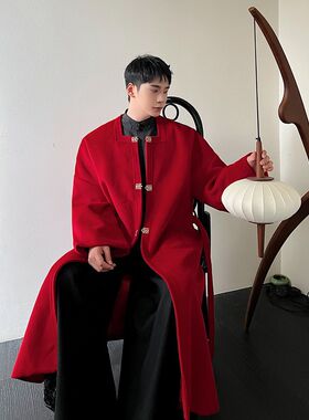 冬装改良版明制汉服方领长款过膝毛呢大衣男复古中式红色风衣外套