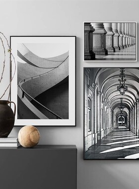 北欧现代黑白建筑摄影装饰画玄关客餐厅办公室工业风小众复古挂画