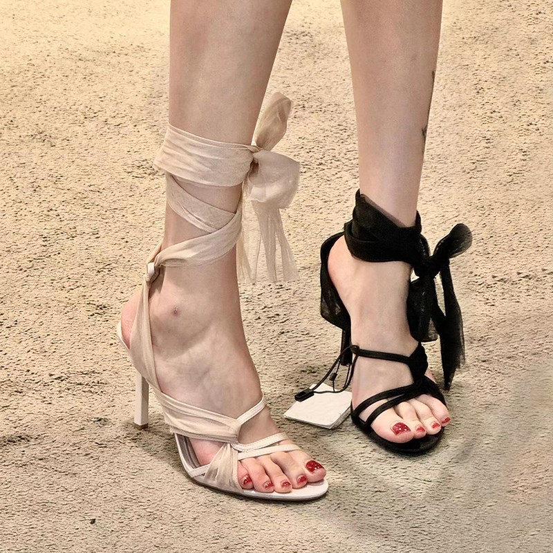 牛皮版~绝美绑带两穿za细跟高跟鞋2024新款法式露趾凉鞋女款夏季图片