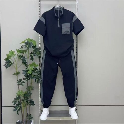 夏季潮牌时尚立领拼接休闲套装男士户外潮流工装短袖长裤两件套潮