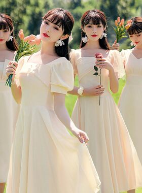 伴娘礼服女2021新款平时可穿姐妹团仙气质显瘦年会缎面连衣裙秋冬