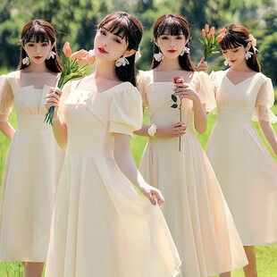 伴娘礼服女2021新款平时可穿姐妹团仙气质显瘦年会缎面连衣裙秋冬