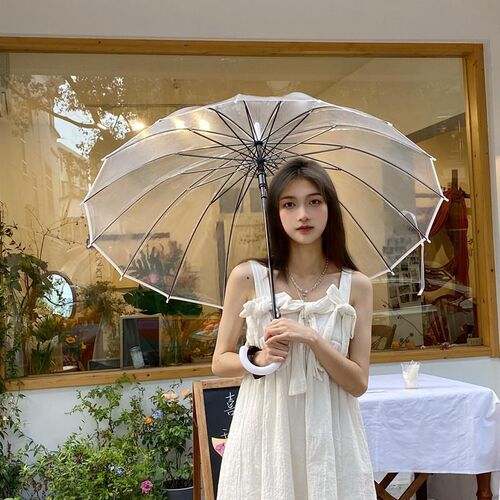 日系16骨透明雨伞长柄大号双人女白色网红小清新伞自动结实加大