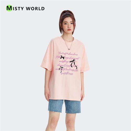 迷雾世界文艺简约粉色字母涂鸦短袖t恤女2024春夏季新款半袖上衣