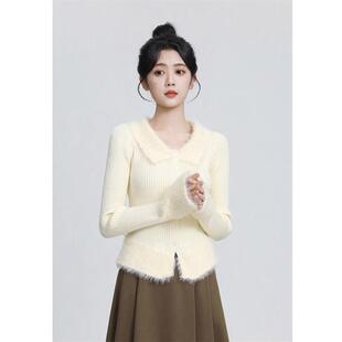 毛衣女款2025新款冬季高领毛衣杏色翻领针织开衫小个子短上衣