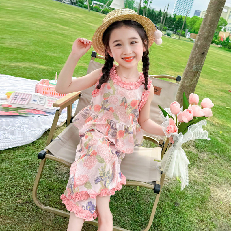 迷你巴拉巴拉女.童花朵薄款套装2025新款宝宝夏季背心阔腿裤两件