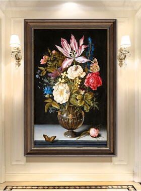 美式入户玄关装饰画餐厅花卉墙面壁画复古油画竖版走廊过道挂画