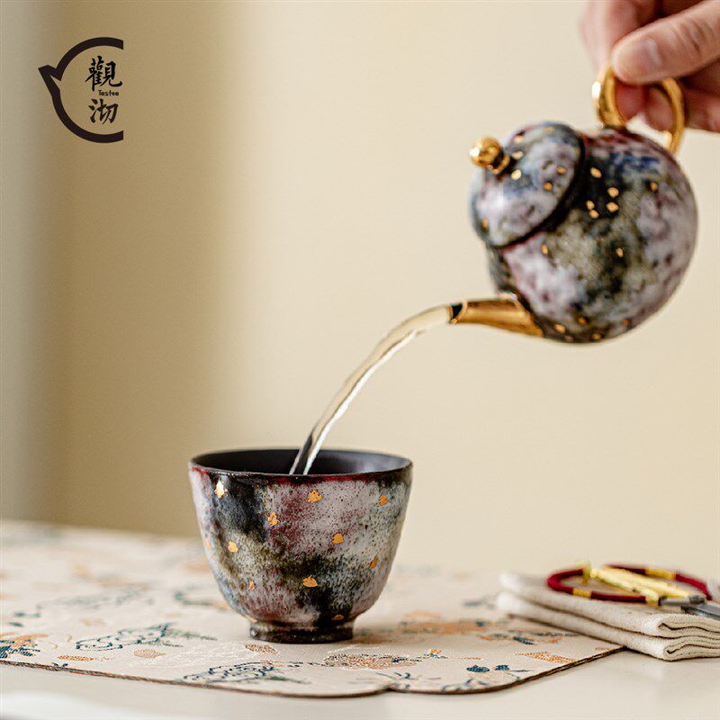 观沏志野柴烧樱吹雪主人杯复古陶瓷点金茶杯大号茶盏品茗杯茶具