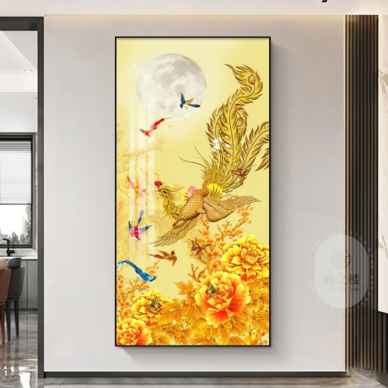 新中式百鸟朝凤图国画入户玄关装饰画花鸟茶室书房办公室竖版挂画