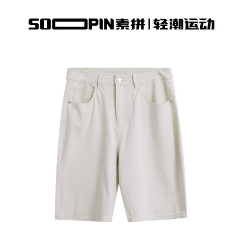 素拼男装夏季白色牛仔短裤休闲宽松轻潮运动五分裤男士直筒潮牌