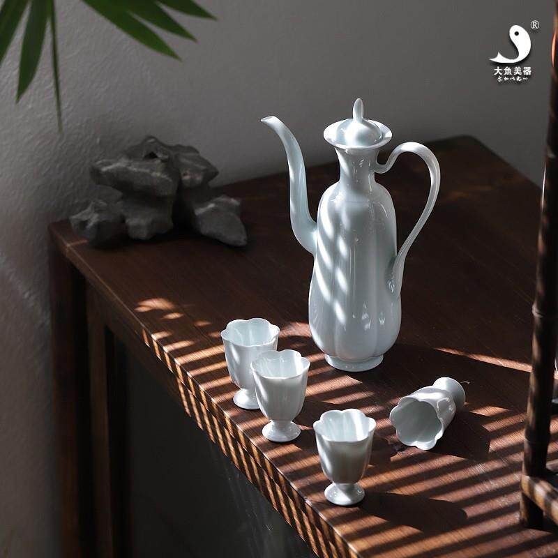 大鱼美器+影青瓜形酒具套组+景德镇高温陶瓷酒壶手工青瓷酒杯礼品