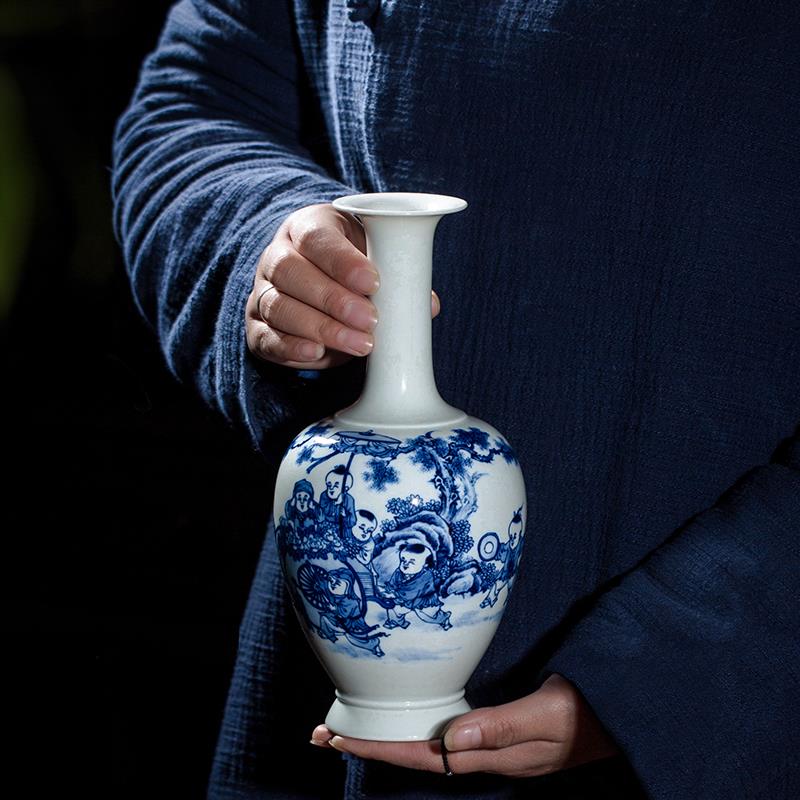 钟家窑景德镇陶瓷手绘柴窑花瓶中式客厅柴烧青花瓷摆件瓷器工艺品