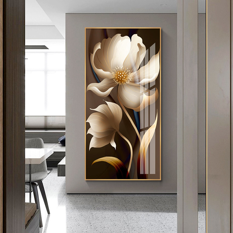 网红花卉玄关装饰画牡丹轻奢挂画晶瓷画花开富贵走廊尽头壁画客厅