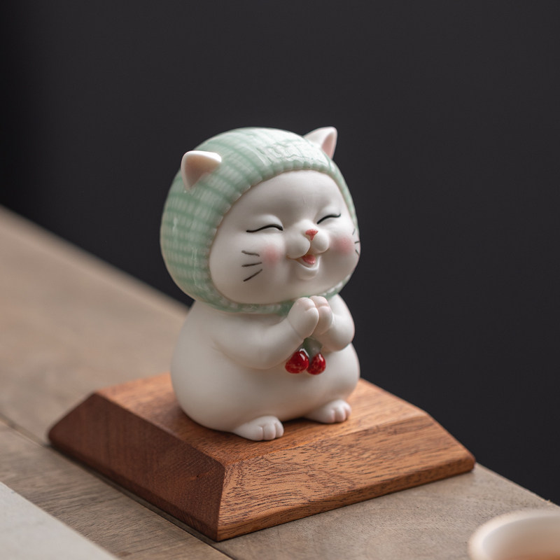 可爱卡通陶瓷招财许愿猫咪小摆件客厅办公室桌面装饰汽车载工艺品